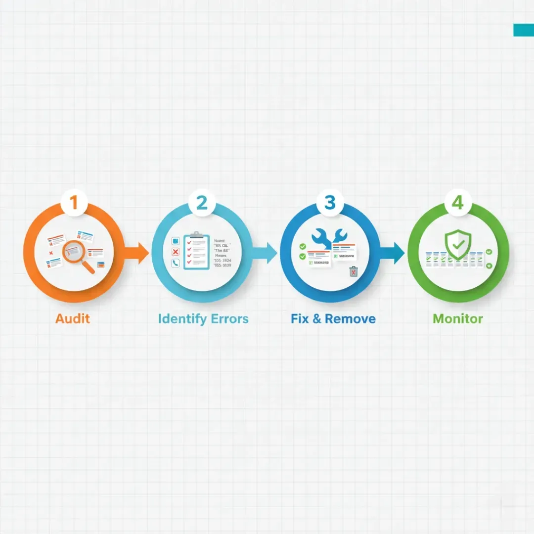 An infographic showing a four-step process for local business listing management: 1. Audit, 2. Identify Errors, 3. Fix & Remove, and 4. Monitor, represented by icons for a magnifying glass, clipboard, wrench, and shield/chart.