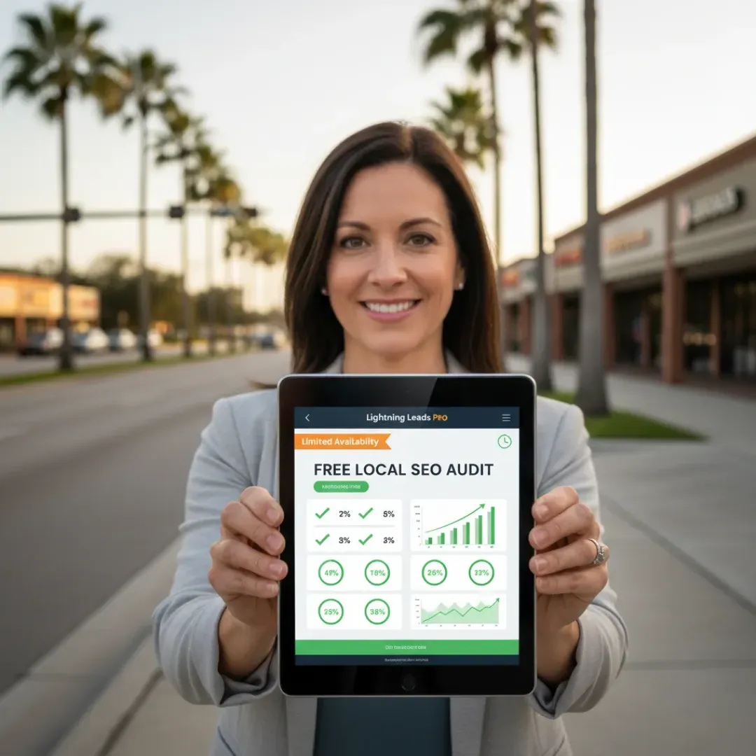 A smiling woman standing on a street holding a tablet displaying a "Free Local SEO Audit" dashboard with charts and percentages showing areas for improvement and opportunities.