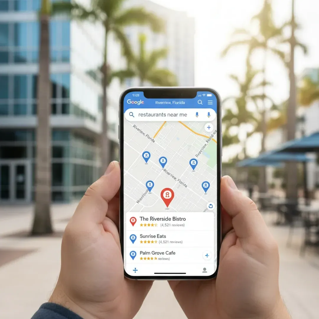 A close-up of a person holding a smartphone displaying Google Maps search results for "restaurants near me" in Riverview, Florida. The map shows local businesses pinned, with the top search results listed as The Riverside Bistro, Sunrise Eats, and Palm Grove Cafe.