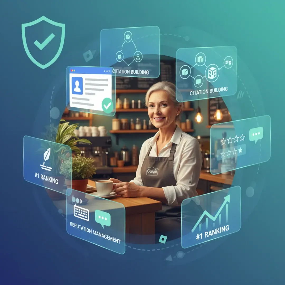 A friendly, middle-aged woman, possibly a cafe owner, smiling and holding a coffee cup in her establishment. She is surrounded by holographic cards detailing key services: Citation Building, Reputation Management, and achieving a #1 Ranking, all under a protective shield icon.