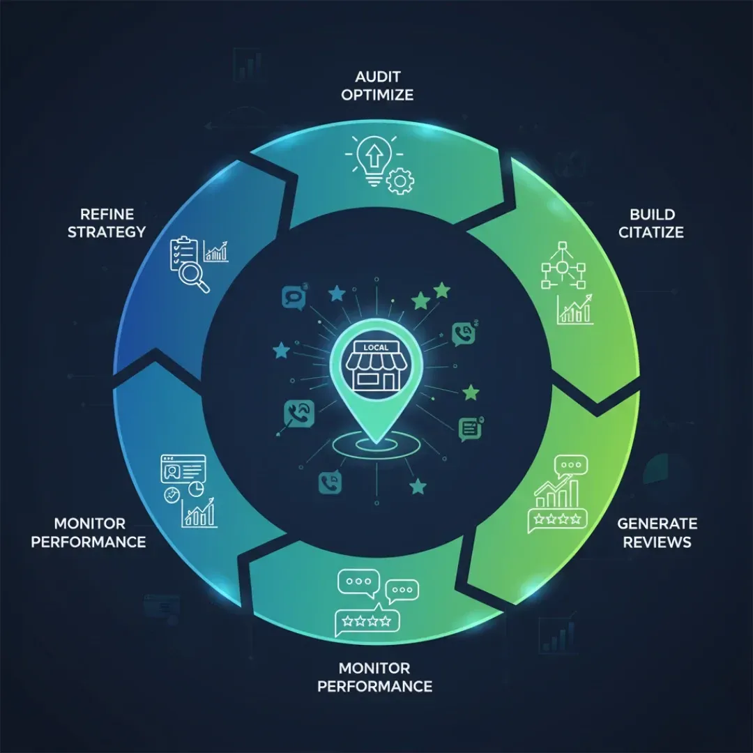 A circular diagram illustrating a continuous six-step Local SEO optimization cycle: Audit Optimize, Build Cititize, Generate Reviews, Monitor Performance (repeated), and Refine Strategy, with the ultimate goal being a central, high-performing local business listing.