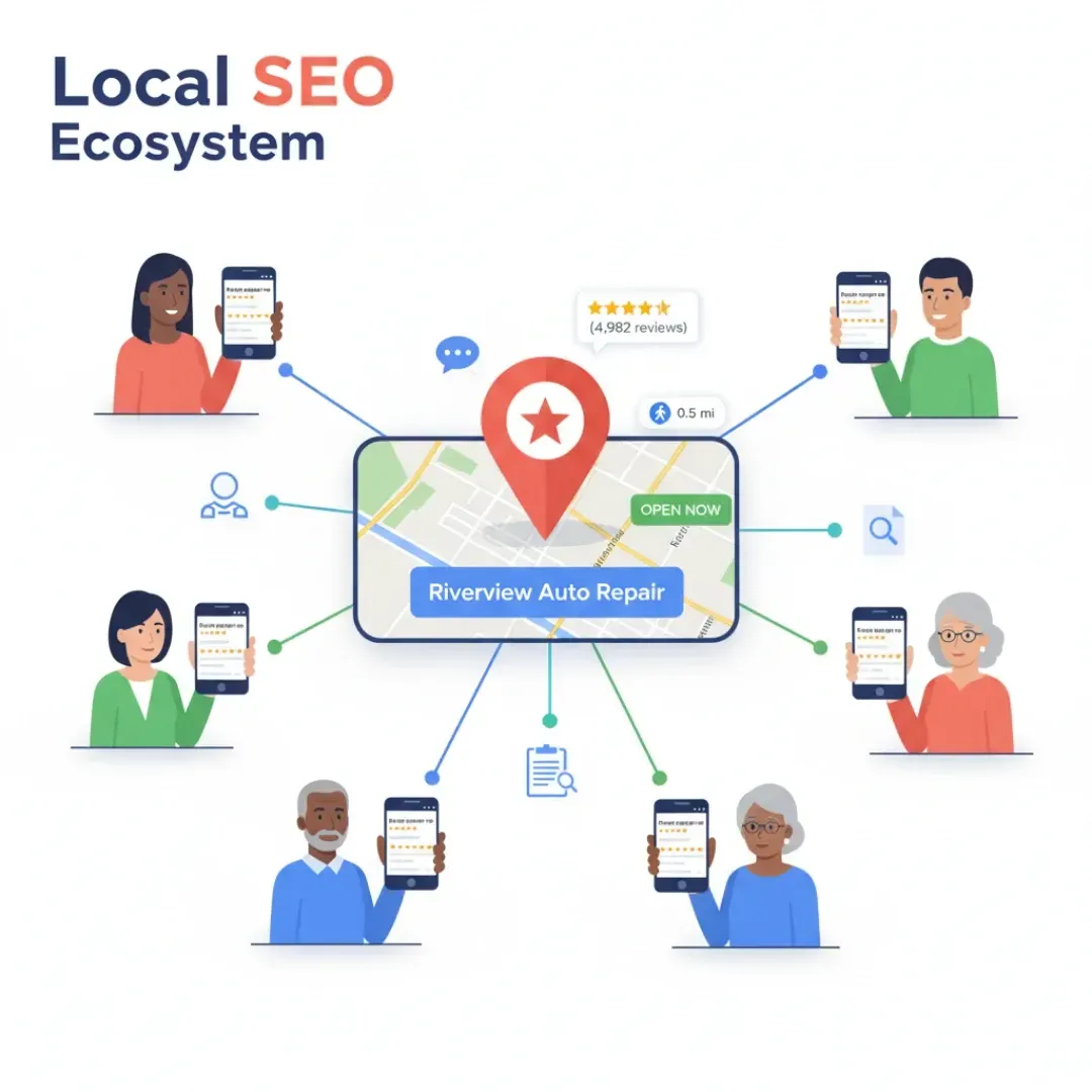 An illustration of a "Local SEO Ecosystem" centered around "Riverview Auto Repair". The central map pin shows 4,982 reviews and is surrounded by a diverse group of people holding smartphones with the business's high-rated listing, indicating strong community visibility.