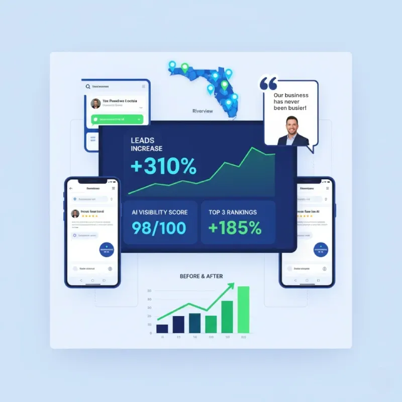 A graphic dashboard highlighting significant business growth from an AI search strategy: Leads Increase +310%, AI Visibility Score 98/100, and Top 3 Rankings +185%. A map of Florida shows locations, and a quote says, "Our business has never been busier!"