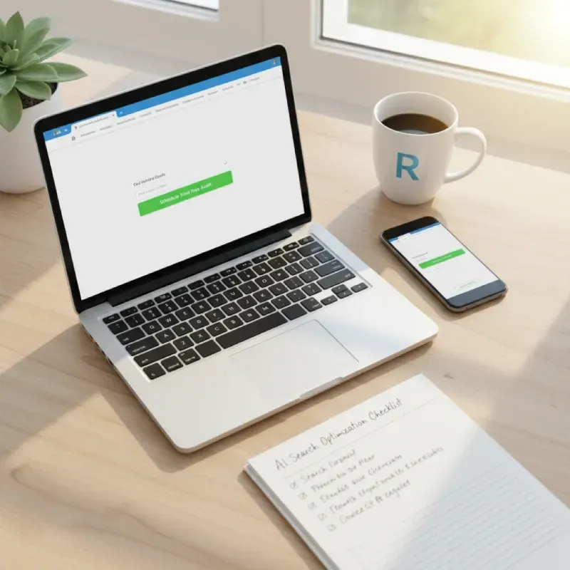 A laptop and a smartphone on a desk, both displaying a page to "Schedule Your Free Audit." Next to them is a notepad with a handwritten "AI Search Optimization Checklist," including items like "Search Optimized" and "Crawlable for AI."