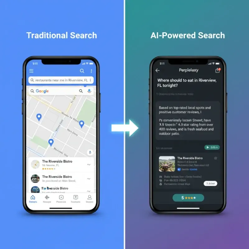 A side-by-side comparison of mobile search results. The left, "Traditional Search", shows a Google Maps search for "restaurants near me in Riverview, FL." The right, "AI-Powered Search" using an app called "Perplexley," shows a detailed, conversational recommendation for "The Riverside Bistro" with a rating and description.