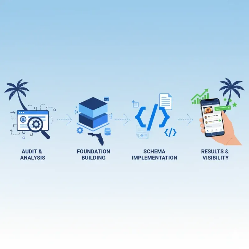 An infographic showing a four-step process for AI search optimization in a Florida setting: 1. Audit & Analysis, 2. Foundation Building (with a stack of blocks and a Florida map cutout), 3. Schema Implementation (with code symbols), and 4. Results & Visibility (a hand holding a phone with a highly-rated business on the screen).