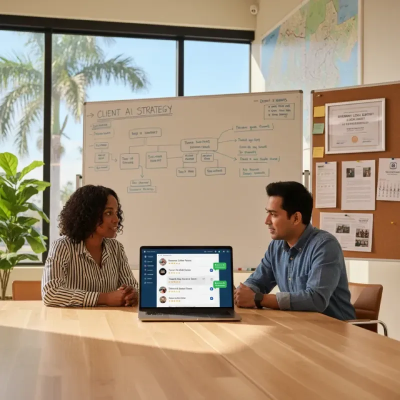 Two business professionals in an office meeting discussing a "Client AI Strategy" flowchart on a whiteboard. A laptop between them displays a conversation interface with a business's high-rated listing, suggesting a consultation on reputation and AI-driven growth.
