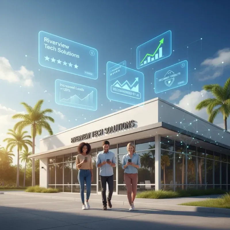 An exterior shot of a modern office building for "Riverview Tech Solutions." Three people are walking and looking at their phones. Holographic data cards float above the building, showing positive metrics like a 5-star rating, Increased Leads +120%, and Recommended by AI, illustrating the service's impact on business success.
