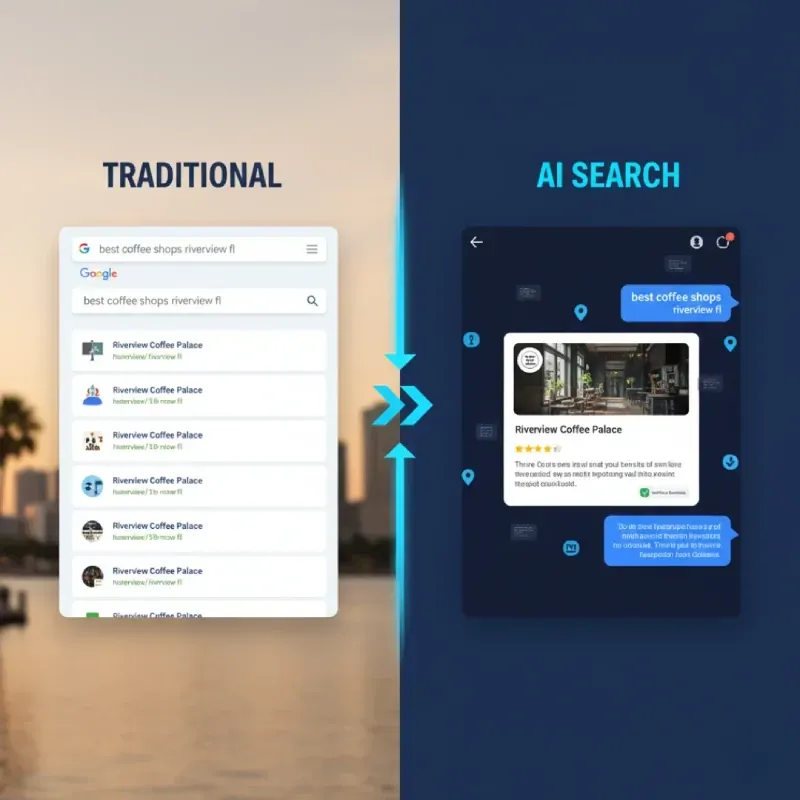 A side-by-side comparison of mobile search results for "best coffee shops riverview fl." The left, "TRADITIONAL", shows a standard Google list. The right, "AI SEARCH", shows a chat interface with a direct, rich result for "Riverview Coffee Palace" featuring a photo and star rating.