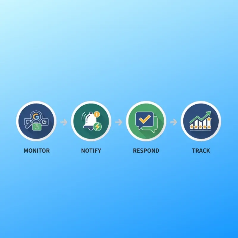 A graphic highlighting the speed of review management. A large timer shows an action time of 2 Hours with checkmarks, contrasting with a smaller, crossed-out clock showing a slow 7 Days response time, emphasizing fast action and instant notification for new reviews.