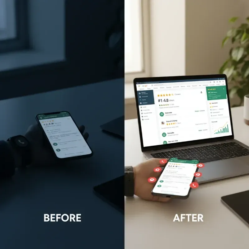 A side-by-side comparison of review management. "BEFORE" is a dark, static screen on a phone. "AFTER" shows a bright laptop with a high-rated business dashboard and a hand holding a phone displaying a 4.8-star rating with icons for phone calls, illustrating active management and results.