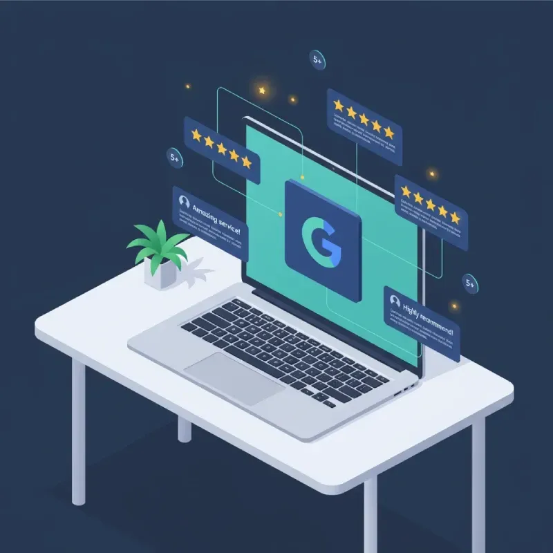 An isometric illustration of a laptop screen displaying the Google logo surrounded by five-star review snippets floating around it, labeled with positive feedback like "Amazing service!" and "Highly recommend!", emphasizing reputation management.