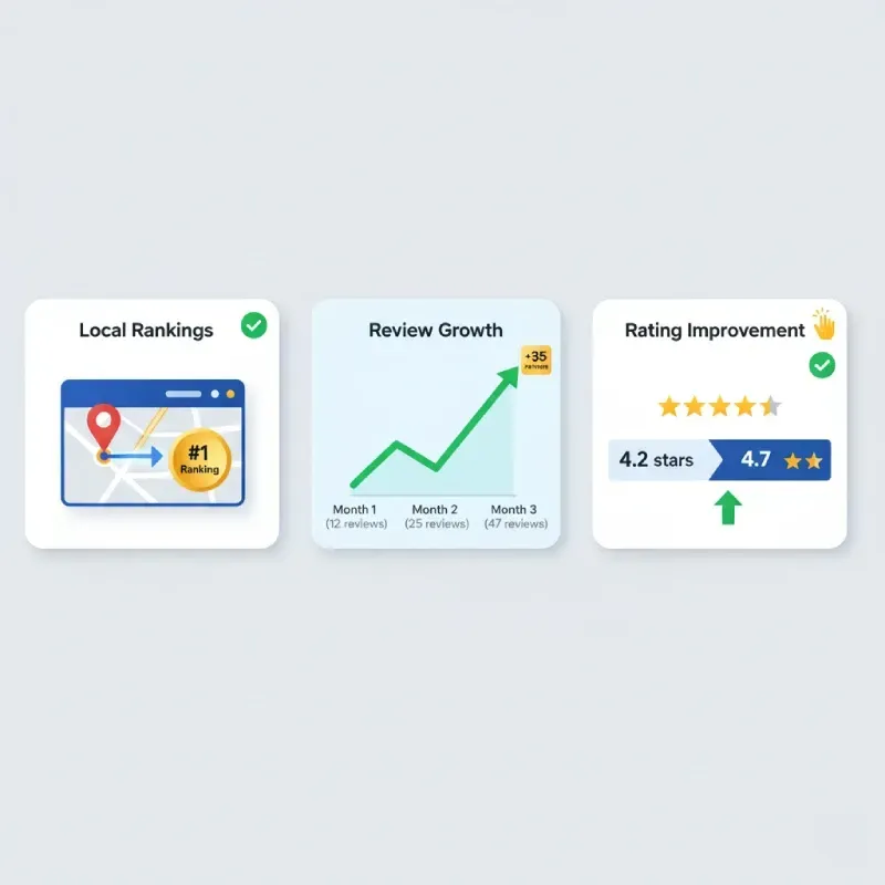 A graphic showing three key success metrics: Local Rankings (a map pin with a #1 Ranking badge), Review Growth (a chart showing review count increasing from 12 to 47 over three months), and Rating Improvement (an arrow showing an increase from 4.2 stars to 4.7 stars).