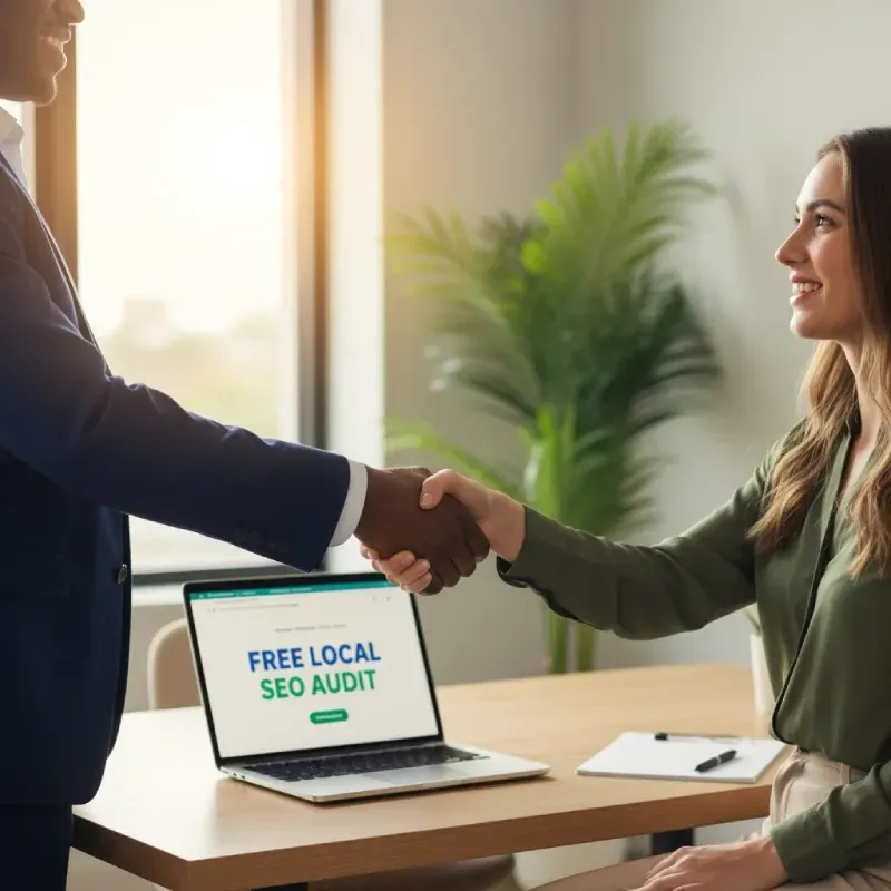 Two professionals in business attire shaking hands across a desk. A laptop between them displays the text "FREE LOCAL SEO AUDIT", symbolizing the start of a new business engagement and partnership.