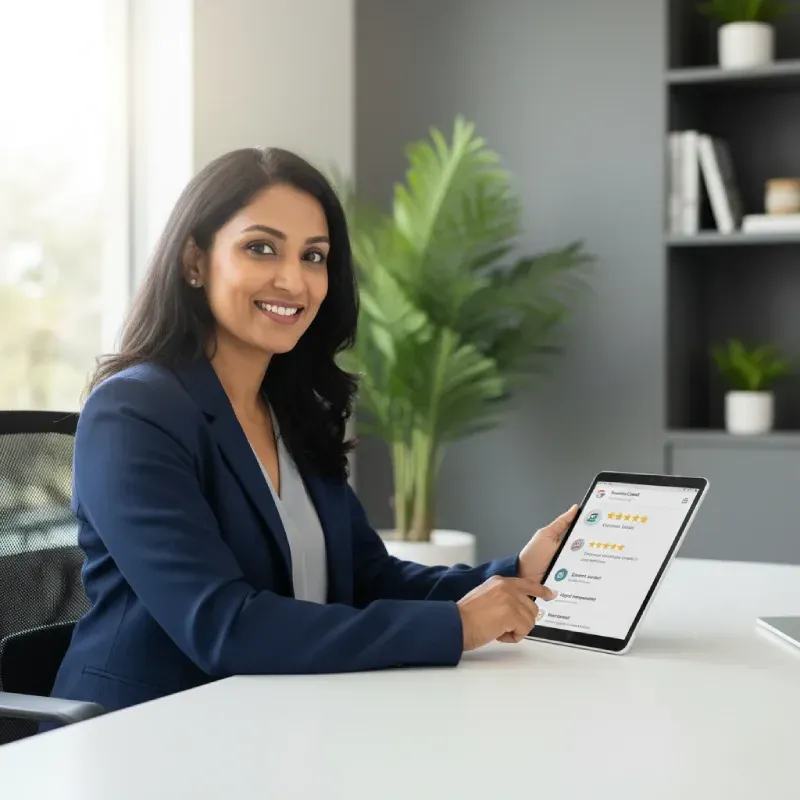 A professional woman sitting at a desk, smiling directly at the camera while holding a tablet that displays a 5-star customer review for a business, symbolizing effective reputation management and client satisfaction.