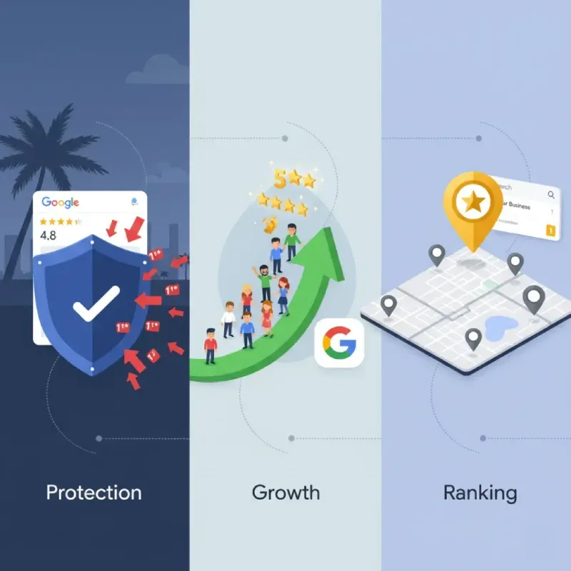 A three-part graphic illustrating the benefits of the service: Protection (a shield guarding a high rating from negative reviews), Growth (people riding a large green arrow toward a 5-star rating), and Ranking (a golden star pin on a local map), with a focus on Google.