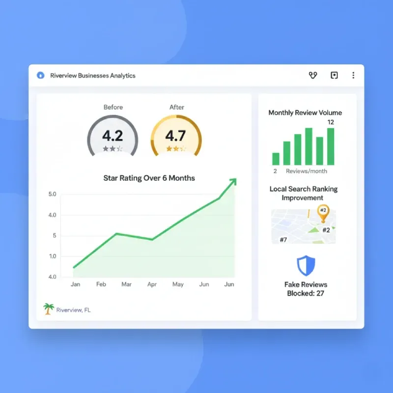 A dashboard titled "Riverview Businesses Analytics" showing key performance indicators for a business. Metrics include Star Rating Over 6 Months improving from 4.2 to 4.7, Monthly Review Volume (bar chart), Local Search Ranking Improvement (from #7 to #2 on a map), and a counter showing "Fake Reviews Blocked: 27."
