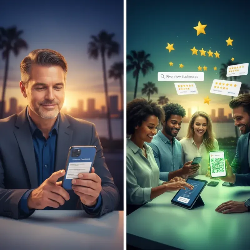 A side-by-side image illustrating customer review behavior. On the left, a man is looking at his phone with a "Please send feedback" prompt. On the right, a diverse group of people are gathered around a table with tablets and phones, surrounded by floating 5-star review cards, symbolizing active feedback generation.