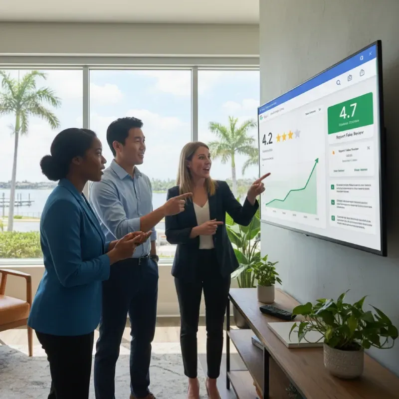A business meeting where three professionals are standing and pointing at a large wall-mounted screen displaying an analytical dashboard. The screen shows a graph of increasing reviews and the jump in rating from 4.2 to 4.7, set against a background of sunny palm trees.