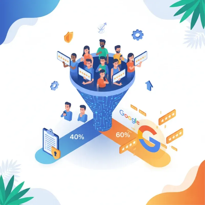 An isometric illustration showing a funnel where a diverse group of customers, many holding high-rated reviews, enter. The funnel channels them out, with 60% leading toward a large Google G icon surrounded by 5-star reviews, emphasizing the importance of reviews in online visibility.