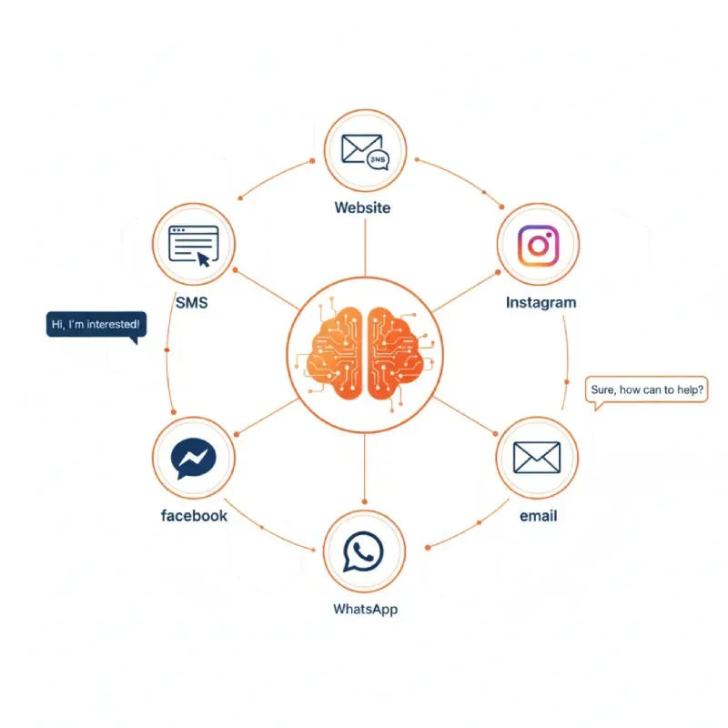 A diagram showing an AI Brain at the center connected to multiple customer communication channels: Website, Instagram, Email, WhatsApp, Facebook, and SMS, indicating the system handles inquiries from every platform.