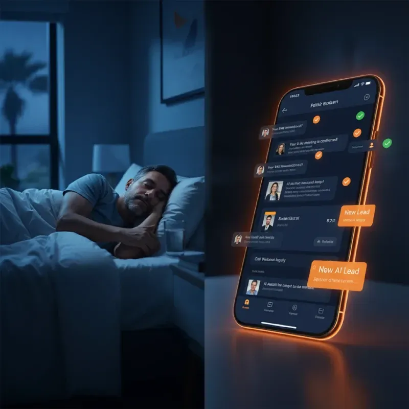 A split image showing a man sleeping peacefully on the left side. The right side shows a brightly glowing smartphone receiving notifications for "New Lead" and confirmed appointments, illustrating the service handles customer engagement 24/7 so the business owner doesn't miss leads.
