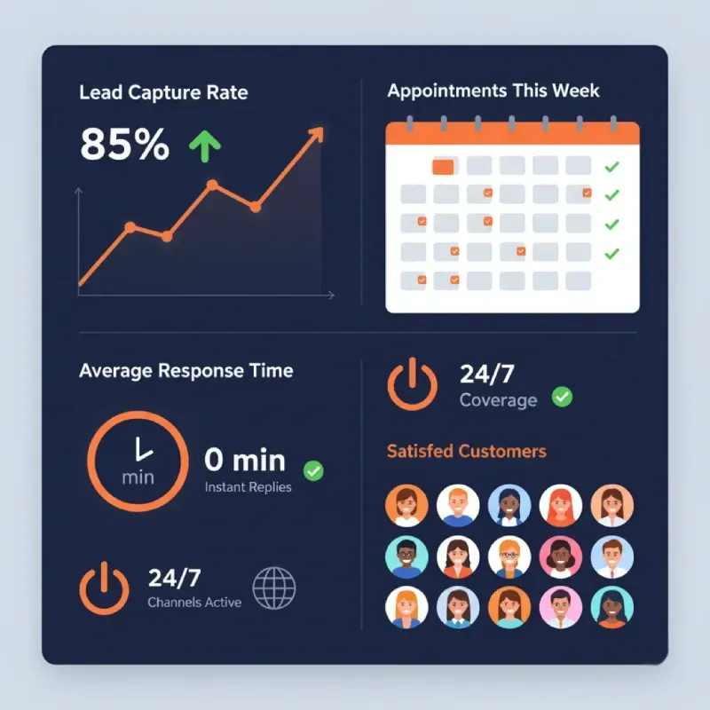 A dashboard summarizing performance improvements: Lead Capture Rate 85% $\uparrow$, Average Response Time 0 min (Instant Replies), a weekly calendar showing checked Appointments, and a grid of happy faces representing Satisfied Customers and 24/7 coverage.