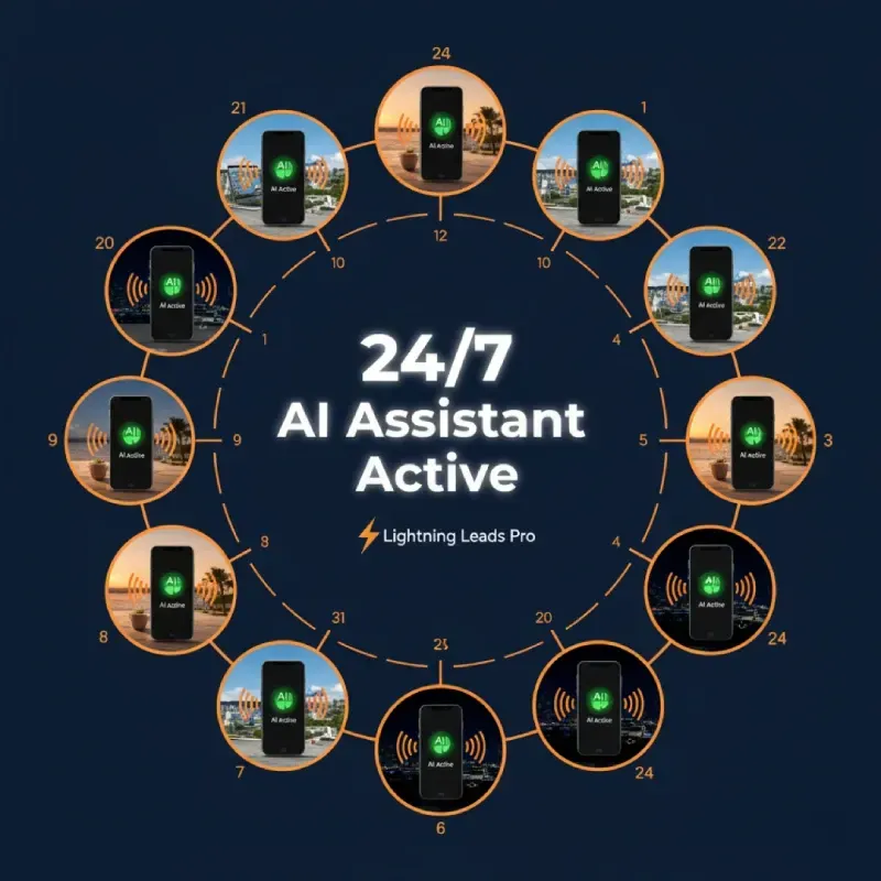 A clock face graphic with smartphones placed around the perimeter at different times of day, each displaying "AI Active". The center text reads "24/7 AI Assistant Active", highlighting the service's continuous, round-the-clock availability for businesses.