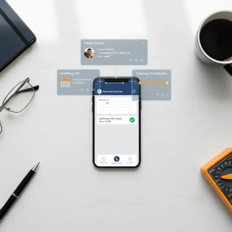 A top-down view of a desk with a smartphone displaying a business's calendar. Holographic cards float above, showing an Incoming Call notification, a Transcription of the call ("HVAC check for next week"), and a Customer Satisfaction rating. A confirmed appointment for "Mrs. Davis, Tues 10 AM" is visible on the phone.