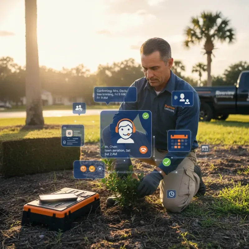 A service technician kneeling outside planting a shrub for "Riverview Landscaping," with holographic icons surrounding him. The icons show confirmed appointments, call transcriptions, and a customer service headset with a checkmark, illustrating how the AI assistant handles communication and scheduling even while the owner is working.