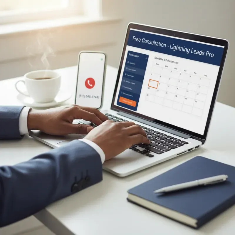 A person in a suit typing on a laptop, which displays an online calendar for a "Free Consultation - Lightning Leads Pro." A smartphone next to the laptop shows a call icon and phone number, emphasizing the ease of scheduling and contacting the service.