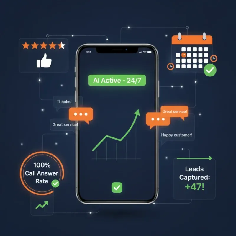 A graphic on a smartphone screen showing the results of an AI assistant: "AI Active - 24/7" with an upward-trending growth chart, chat bubbles showing positive customer feedback, 100% Call Answer Rate, and Leads Captured: +47!, emphasizing constant availability and lead generation.
