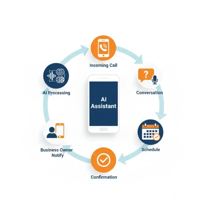 A circular flow chart illustrating the process of the AI Assistant: Incoming Call $\rightarrow$ Conversation $\rightarrow$ Schedule $\rightarrow$ Confirmation $\rightarrow$ Business Owner Notify $\rightarrow$ AI Processing, with the phone labeled "AI Assistant" in the center.