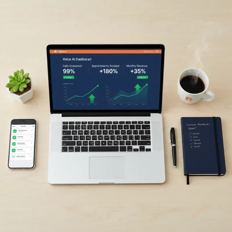 An overhead view of a desk with a laptop displaying a "Voice AI Dashboard" showing high performance metrics: Calls Answered: 99%, Appointments Booked: +180%, and Monthly Revenue: +35%. A notebook lists positive Customer Feedback items like "Fast" and "Friendly."