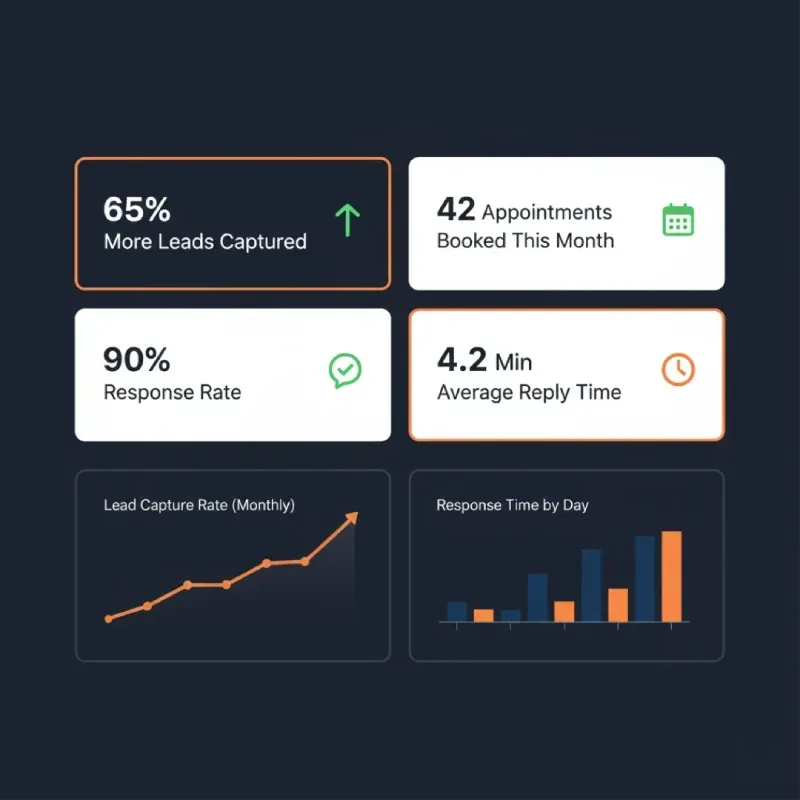 Dashboard metrics showcasing lead generation success: 65% More Leads Captured, 42 Appointments Booked This Month, 90% Response Rate, 4.2 Min Average Reply Time, with a line graph and bar chart below.