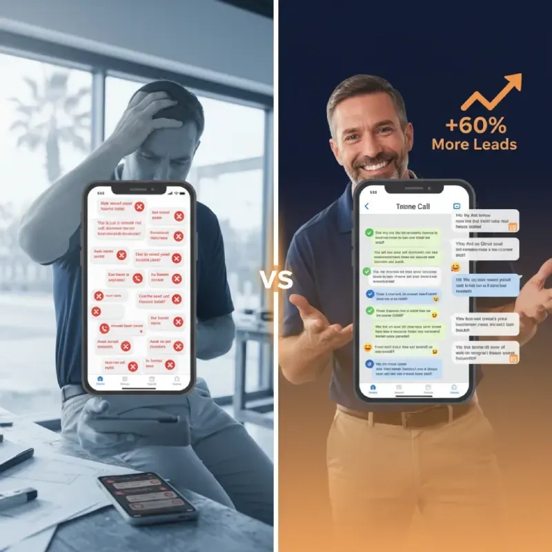Comparison image showing a frustrated man (missed calls, "X" icons on a phone screen) VS a smiling man (successful follow-up text conversation, "+60% More Leads" graphic). This illustrates the difference between missing calls and automated lead capture.