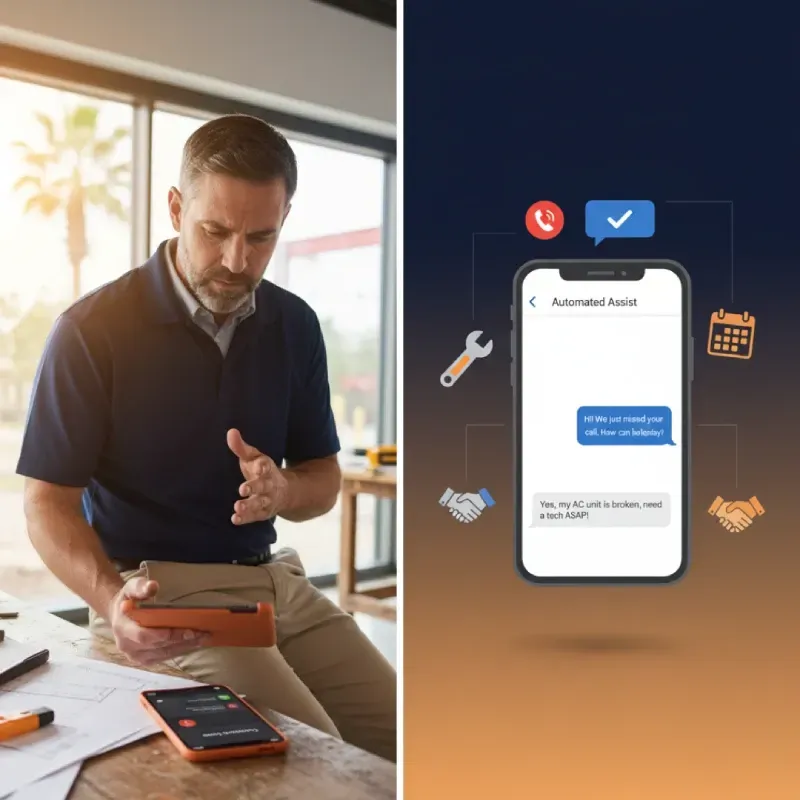 A split image showing a contractor or tradesman looking at his phone (missed call on the left) and an automated text conversation on a phone screen (on the right) that says, "Hi! We just missed your call. How can we help today?"