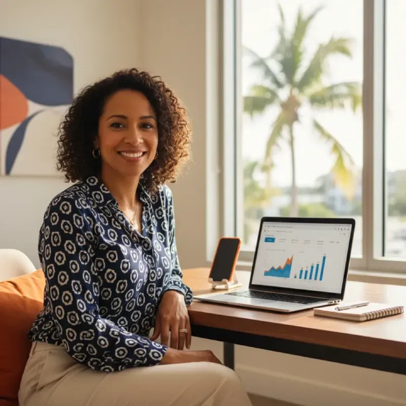 Professional woman smiling and sitting at a desk with a laptop displaying business analytics charts (graphs and bars) and a smartphone next to it, indicating successful business management.