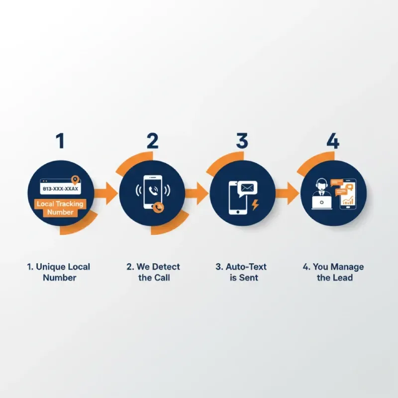 A four-step flow chart showing the lead management process: 1. Unique Local Tracking Number $\rightarrow$ 2. We Detect the Call $\rightarrow$ 3. Auto-Text is Sent $\rightarrow$ 4. You Manage the Lead.
