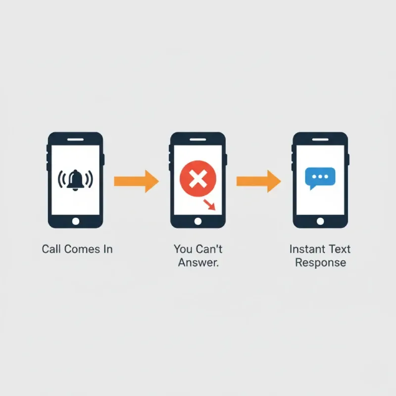 A simple three-step diagram illustrating automated call response: Call Comes In $\rightarrow$ You Can't Answer (missed call icon with X) $\rightarrow$ Instant Text Response (speech bubble icon).