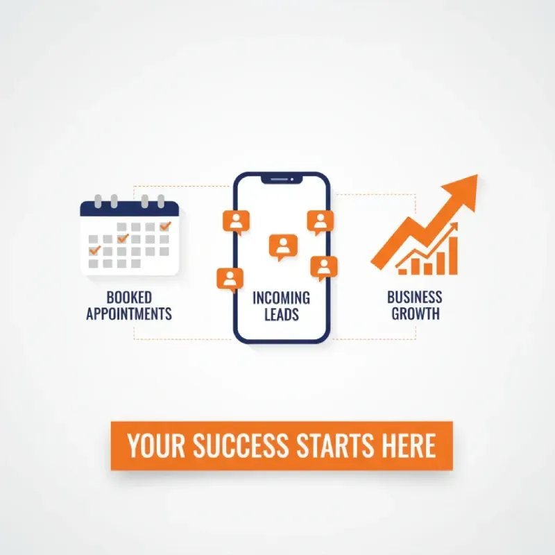 A three-part graphic showing the progression of a lead system: Booked Appointments $\leftarrow$ Incoming Leads (phone icon with chat bubbles) $\rightarrow$ Business Growth (upward trending graph), with the call-to-action "YOUR SUCCESS STARTS HERE."