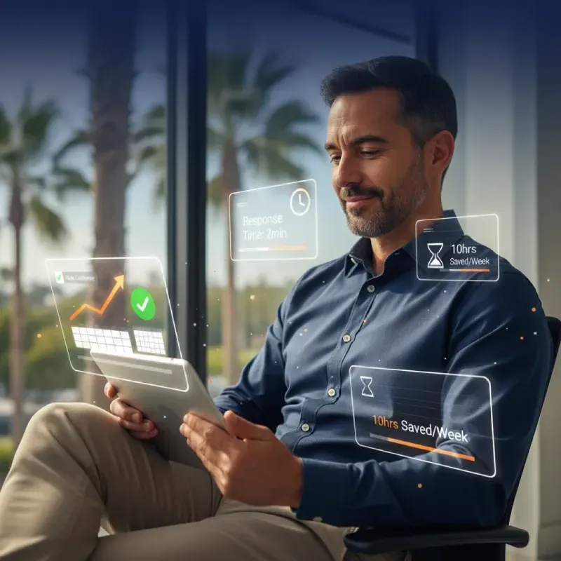 An inspiring image of a Hispanic or African American business owner in Riverview, Florida, looking satisfied while reviewing positive results on a tablet. Transparent overlay graphics show key success metrics like "+40% Lead Conversion," "Response Time: 2min," and "10hrs Saved/Week." Palm trees are visible in the background.