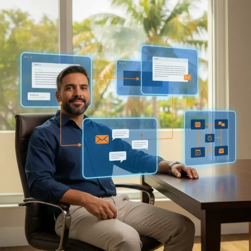 A confident Hispanic or African American business owner in Riverview, Florida, sitting at a desk, looking relaxed and smiling. Holographic overlays show automated email sequences, text message conversations, and workflow diagrams with orange connecting arrows, representing automated lead nurturing and business success. Palm trees are visible outside the window.