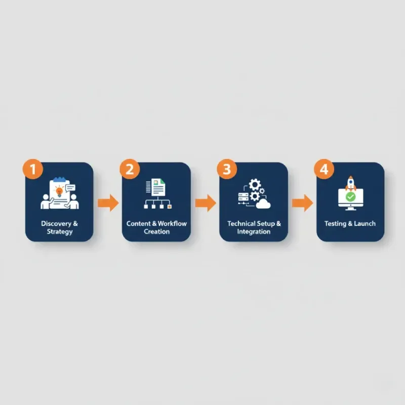 A horizontal process diagram illustrating 4 numbered steps for marketing automation setup: 1. Discovery & Strategy, 2. Content & Workflow Creation, 3. Technical Setup & Integration, 4. Testing & Launch. Each step is in a navy blue rounded rectangle with an orange number and a representative icon.