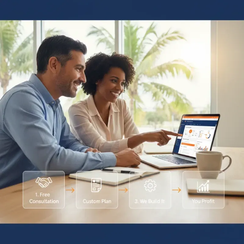 A welcoming image showing a diverse consultant (African American female) and business owner (Hispanic male) having a positive conversation over a laptop in a bright office. Below, a four-step roadmap graphic outlines: "1. Free Consultation," "2. Custom Plan," "3. We Build It," and "4. You Profit."