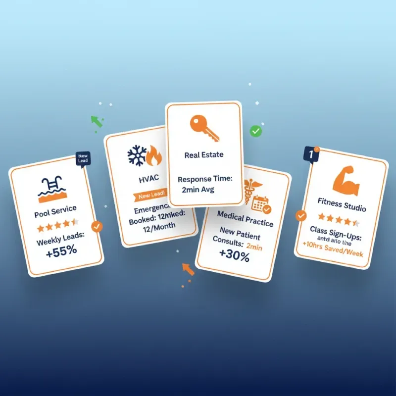 A testimonial-style layout with five floating cards representing different business types (Pool Service, HVAC, Real Estate, Medical Practice, Fitness Studio). Each card has an industry-specific icon and displays success metrics like weekly leads, emergencies booked, response time, patient consults, and class sign-ups.