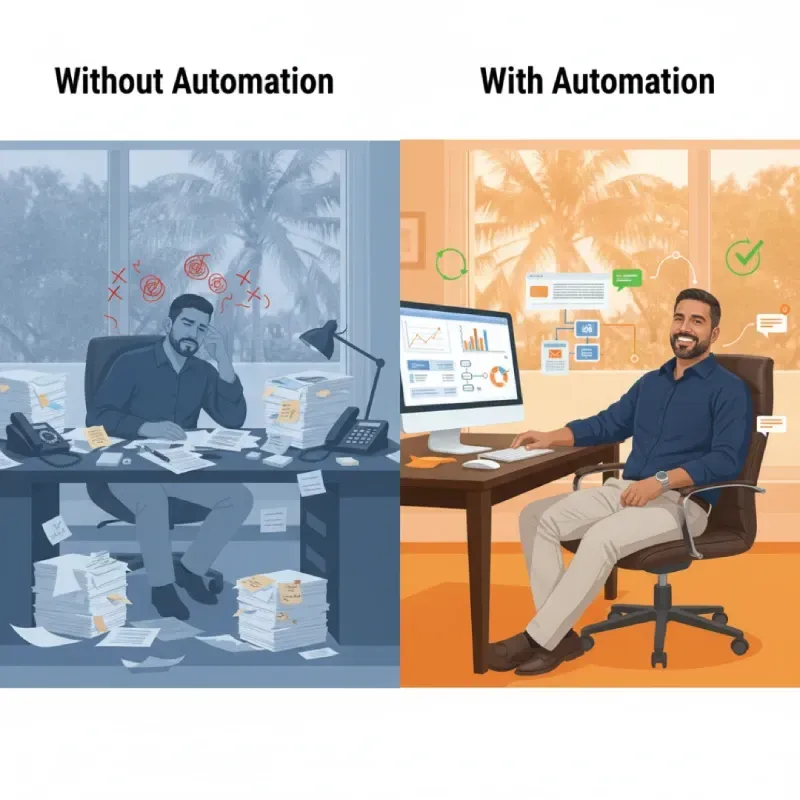 A split-screen comparison image. The "Without Automation" side shows a stressed business owner with red 'X' marks and a chaotic desk of papers. The "With Automation" side shows the same business owner relaxed and smiling at a computer with a clean dashboard, green checkmarks, and automated workflow indicators.