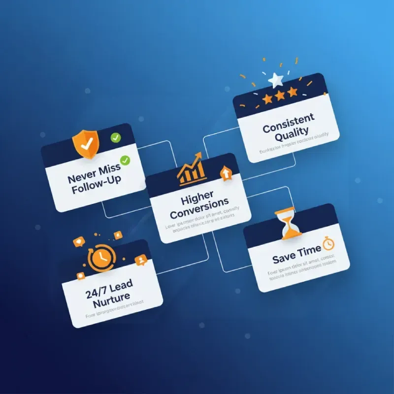 An energetic image with five floating cards displaying benefits of marketing automation: "24/7 Lead Nurture" (clock icon), "Never Miss Follow-Up" (checkmark), "Higher Conversions" (upward arrow graph), "Save Time" (hourglass), and "Consistent Quality" (star rating). The background is a blue gradient.