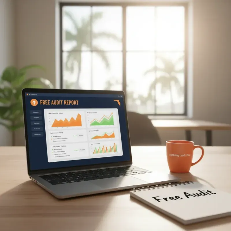 A laptop displaying a "FREE AUDIT REPORT" dashboard with charts and data, sitting next to a notebook labeled "Free Audit" and a coffee mug. This suggests a consultation or analysis for improving lead generation and conversion rates.