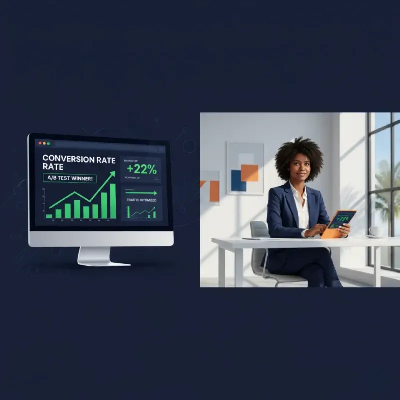 A split-screen hero image. The left side features a sleek computer monitor displaying a "CONVERSION RATE" dashboard with green, upward-trending graphs, "A/B TEST WINNER!" text, and a "+22%" increase metric, all against a dark blue background with subtle geometric patterns. The right side shows a confident Black business owner in a navy suit, sitting at a white desk in a bright, modern office, reviewing results on an orange tablet with a satisfied expression. Palm trees are visible through the large window in the background.